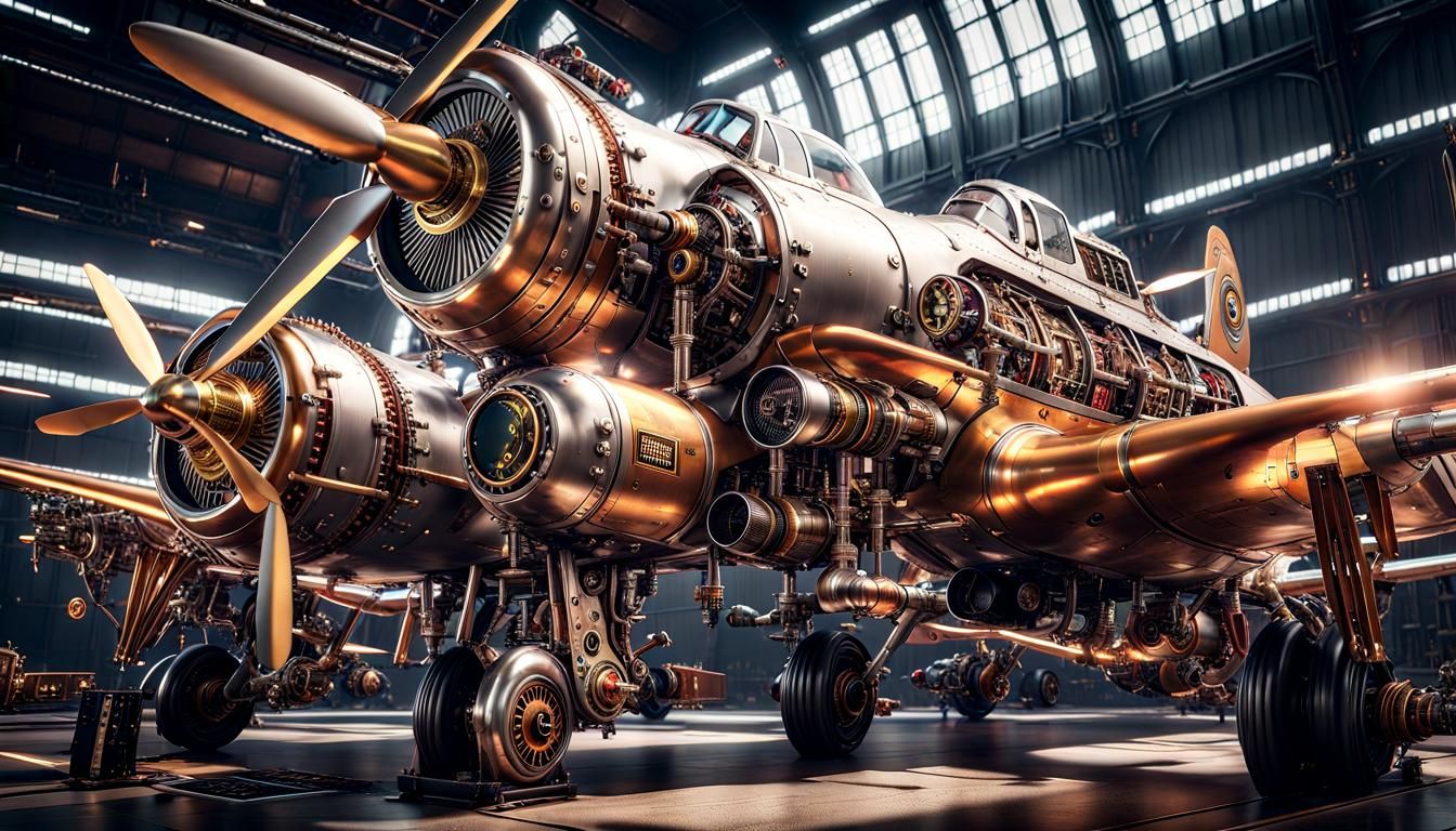 steampunk airplanes showing all their tubes and gauges, dram...