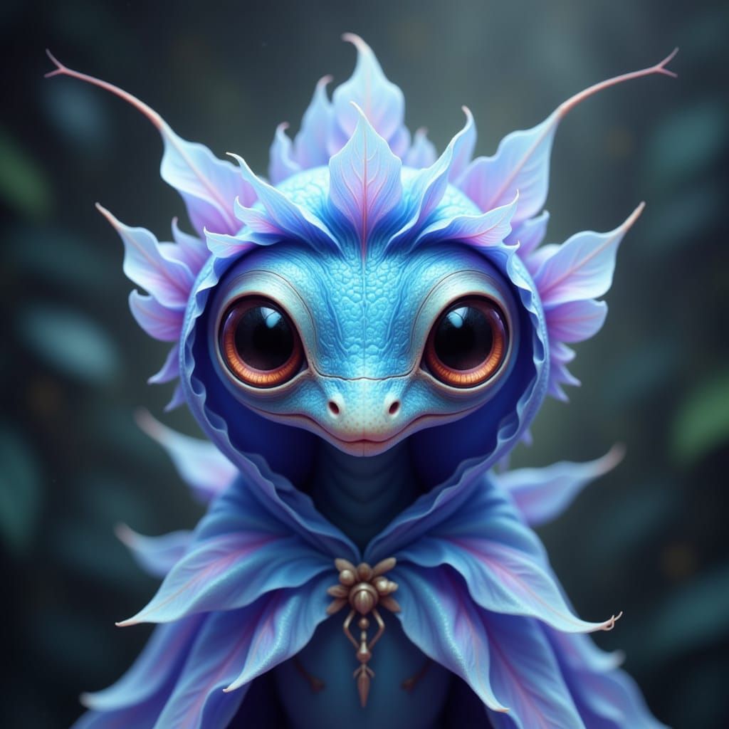 A two-thirds facial portrait of a blue orchid mantis wearing a delicate flower petal-inspired cloak and oversized googly cartoon eyes. Soft ...