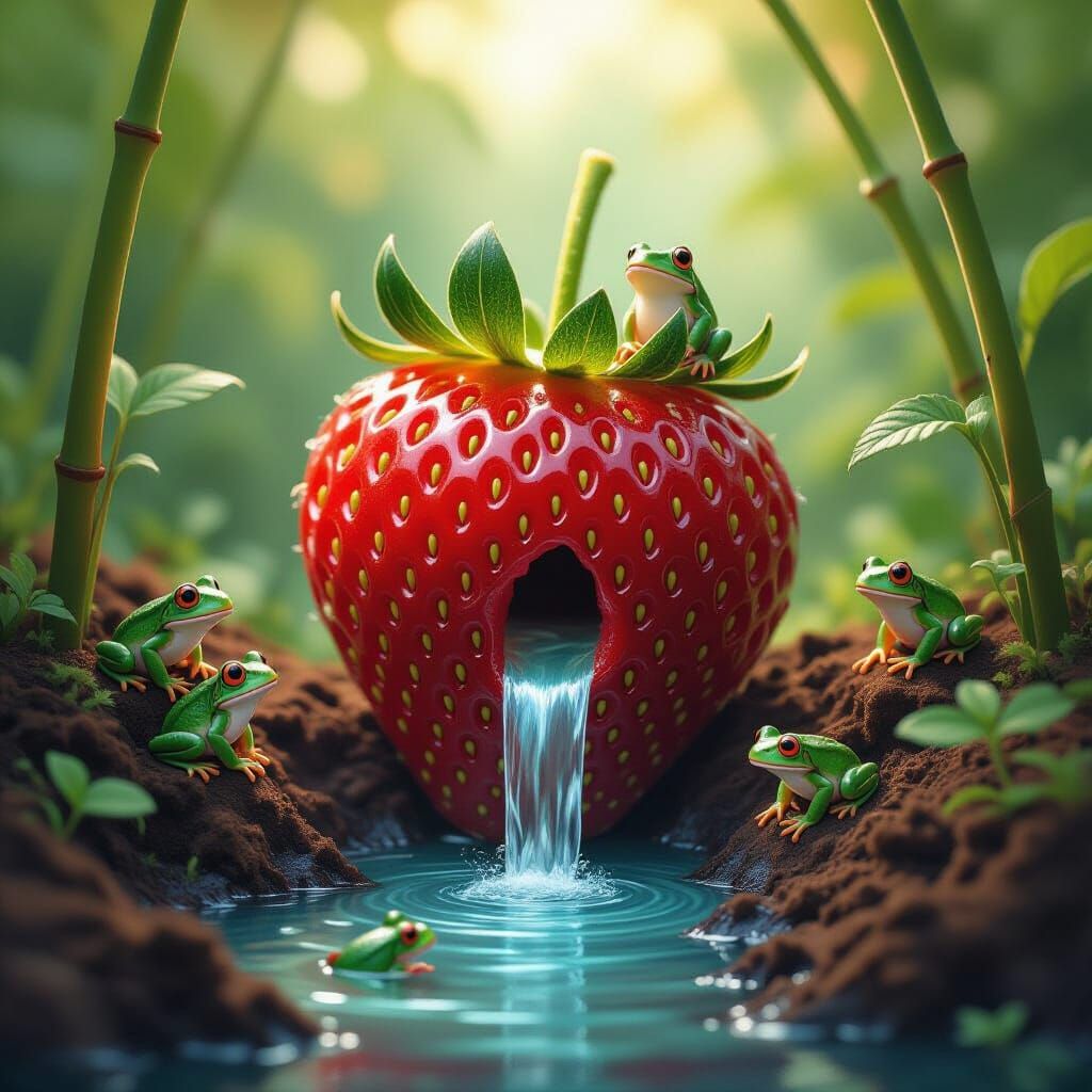 Giant Strawberry Stream with Frogs and Reeds