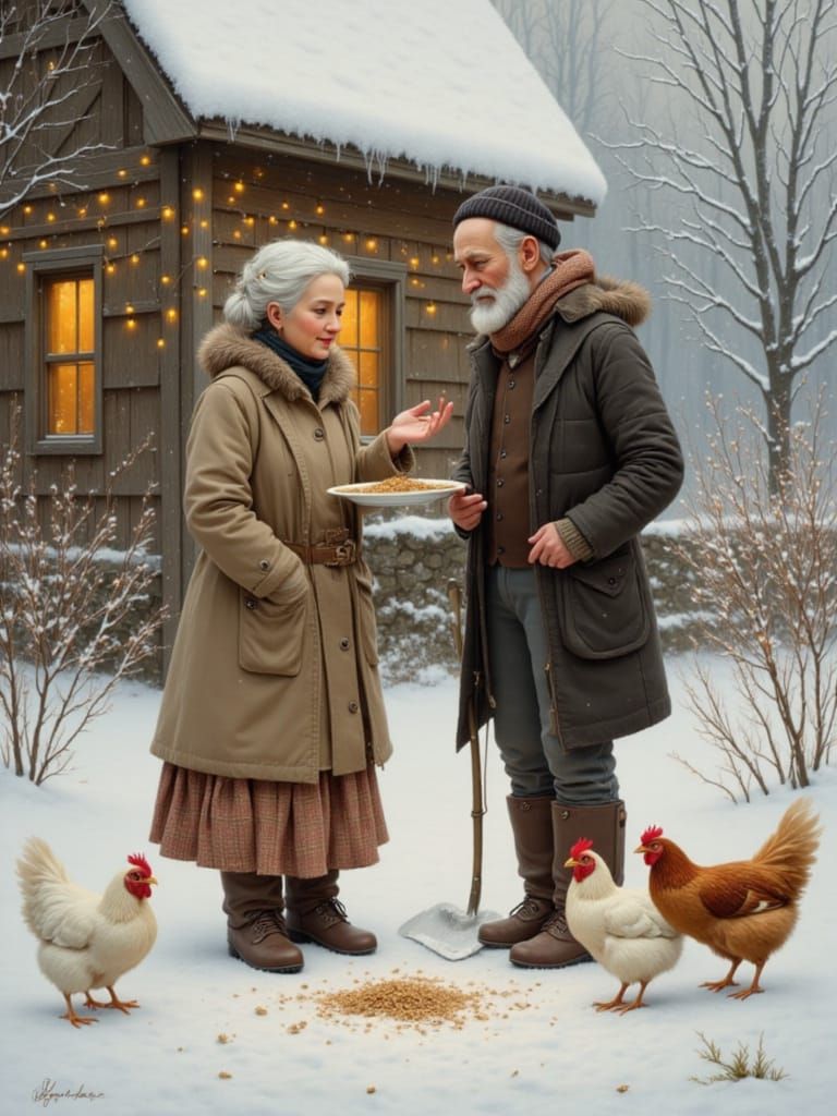 Elderly Couple in Snowy Landscape with Glowing House