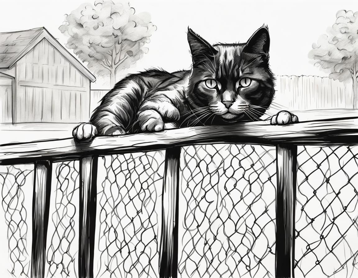 Black and white sketch drawing of smirking cat walking on fence - AI ...