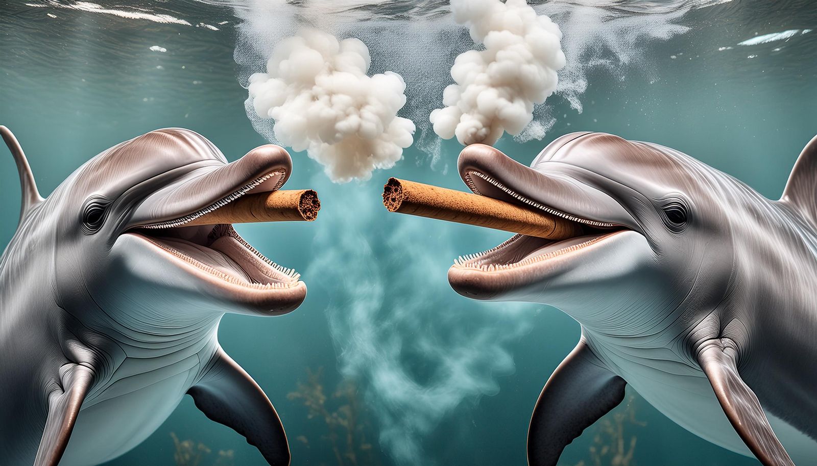 Dolfins under water, smoking cigar, lots of fume