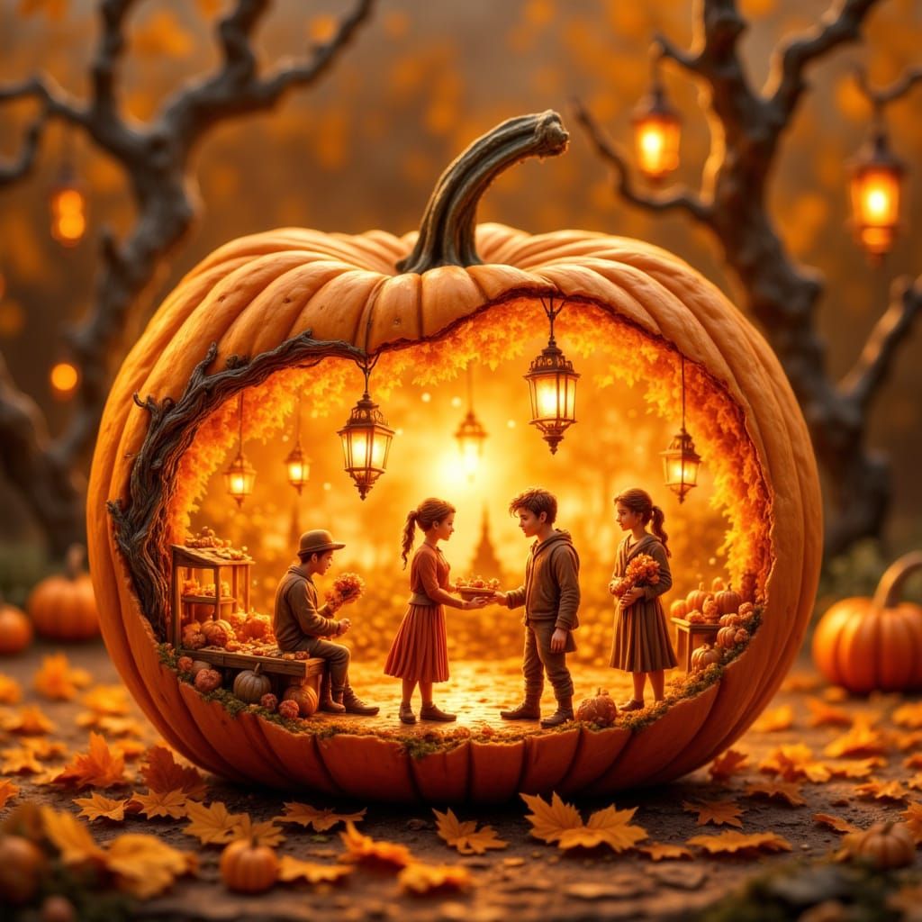 <lora:ItalianViewLora:1.0> A whimsical, hyperrealistic scene inside a translucent, glowing pumpkin, highlighting ...  by @Bella Dog