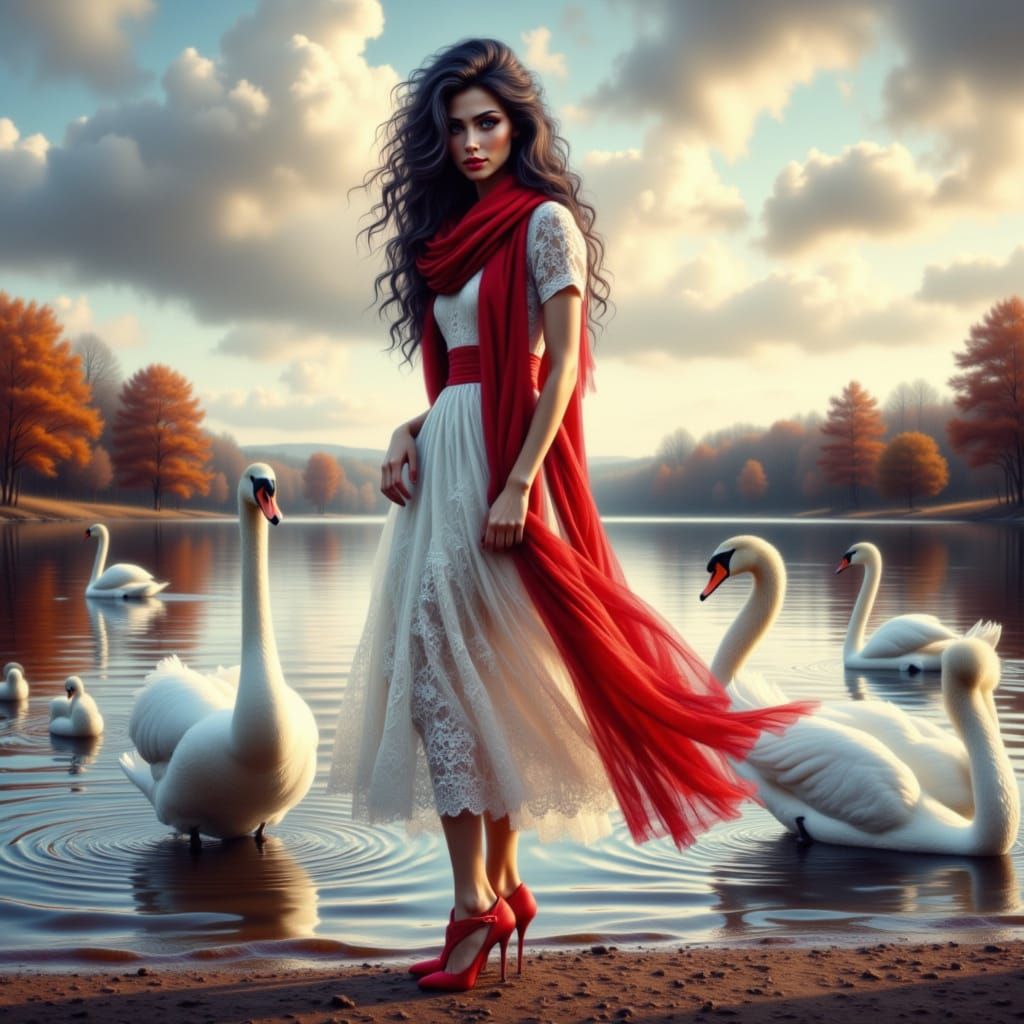 <lora:Beautiful Art Flux:1.0> beautiful woman with dark disheveled hair dressed in a red and white dress and red shoes, wears a red scarf sh...