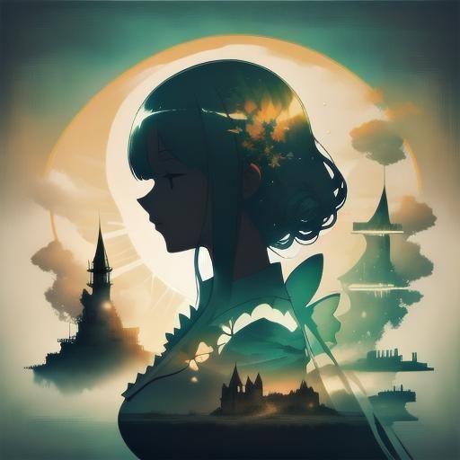 Girl, sea, and sun, Double exposure, Nature and Portrait Blend <lora:ShadowBlend Portrait:1.0>