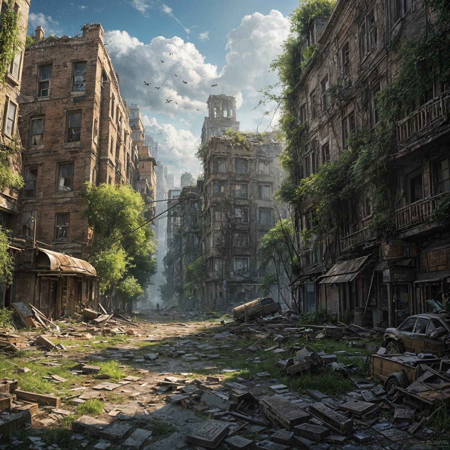 In the forest, inside a large, torn leather high boot, there is an entire deserted city, with half-ruined ...  by @Likra