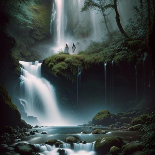 young woman stands under a beautiful waterfall.
