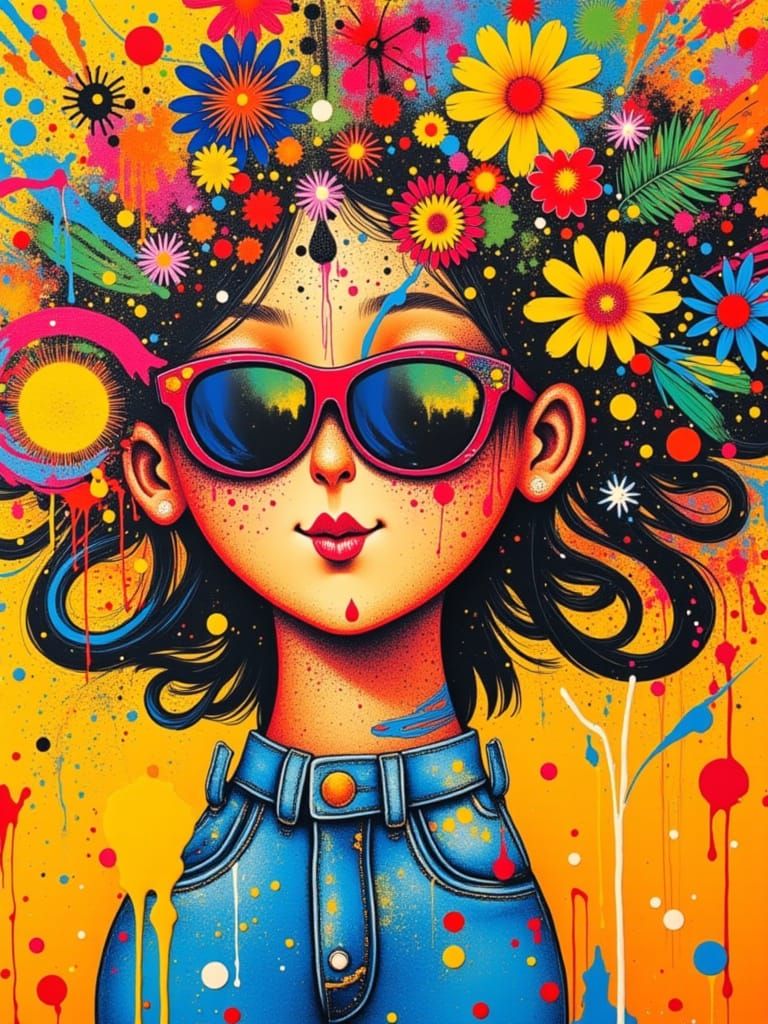 Psychedelic illustration. Close-up. A person with sunglasses and a peace sign necklace smiling. Macro shot. Vibrant colors with bold brushst...