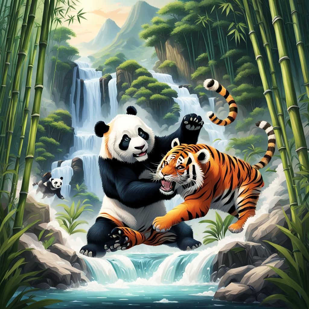 8K resolution image, a panda is fighting with a tiger among ...