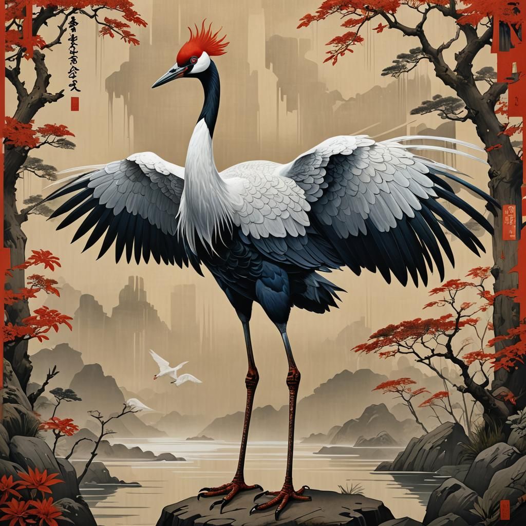 Japanese Red Crane Print  by @Jko88