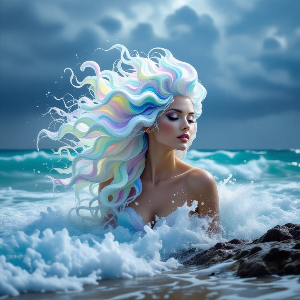 A mythological siren emerging from the sea, photorealistic image, her hair a cascade of flowing, colorful, iridescent white foam and sea spr...