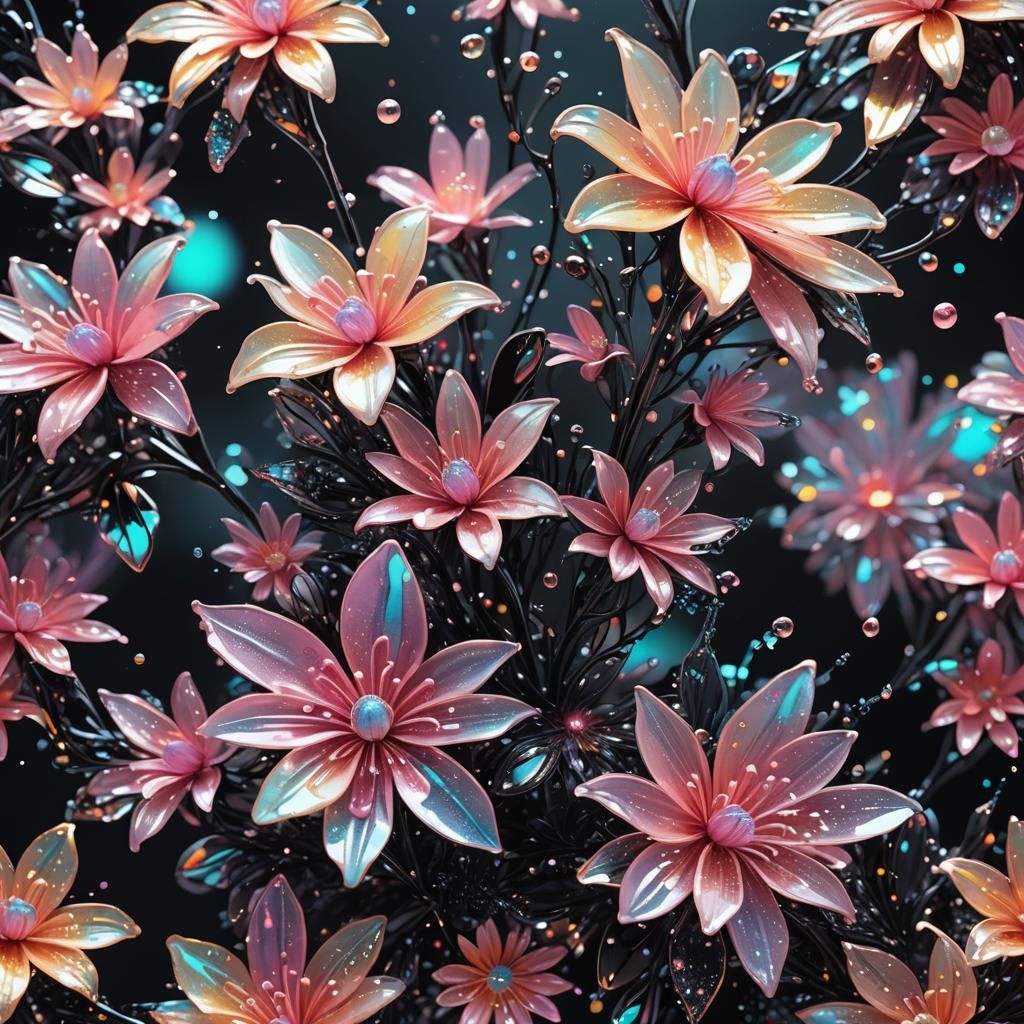 Opalescent glitter dew Neon black floral spray art