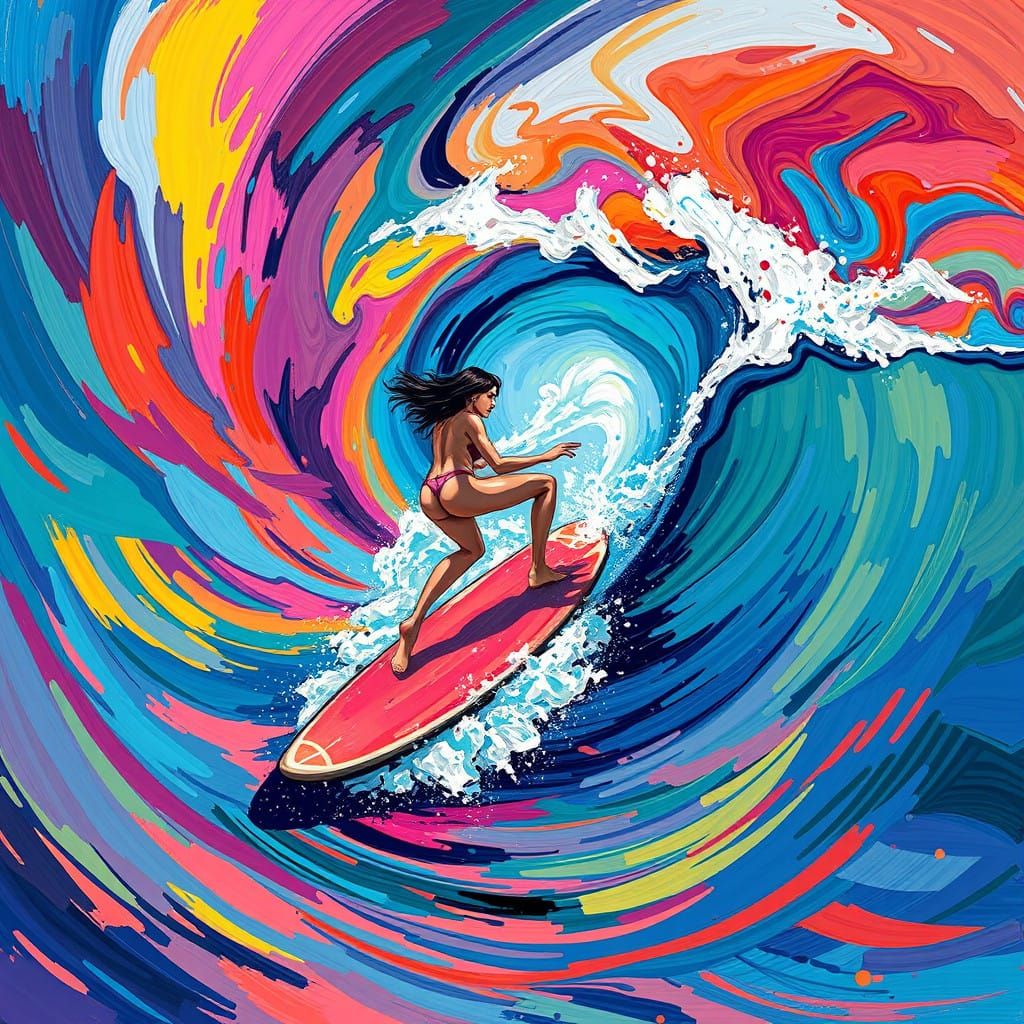 Dazzling Dreamscapes: Woman Riding Surfboard in a Swirling V...