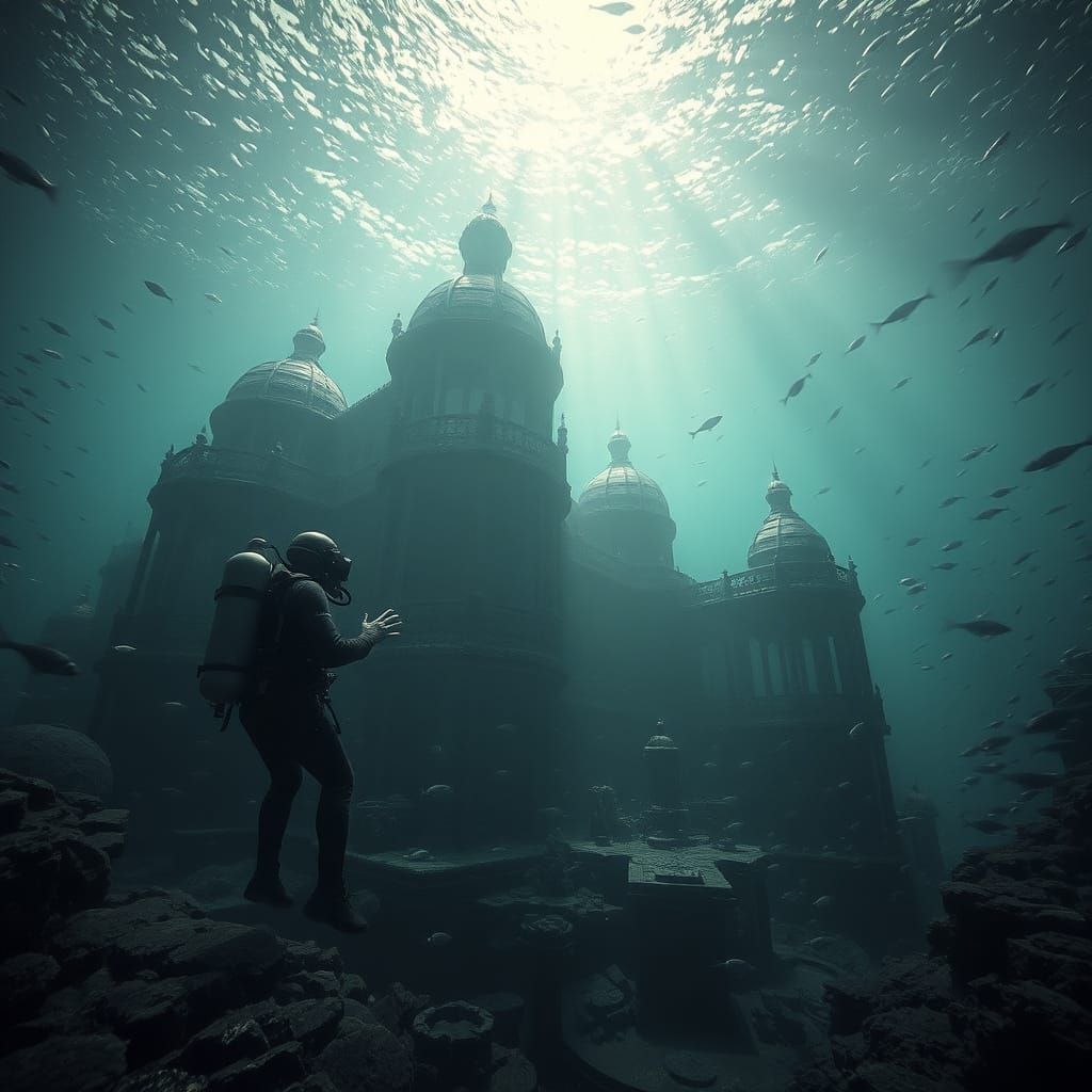 Diver Explores Sunken Mansion in Cinematic Style