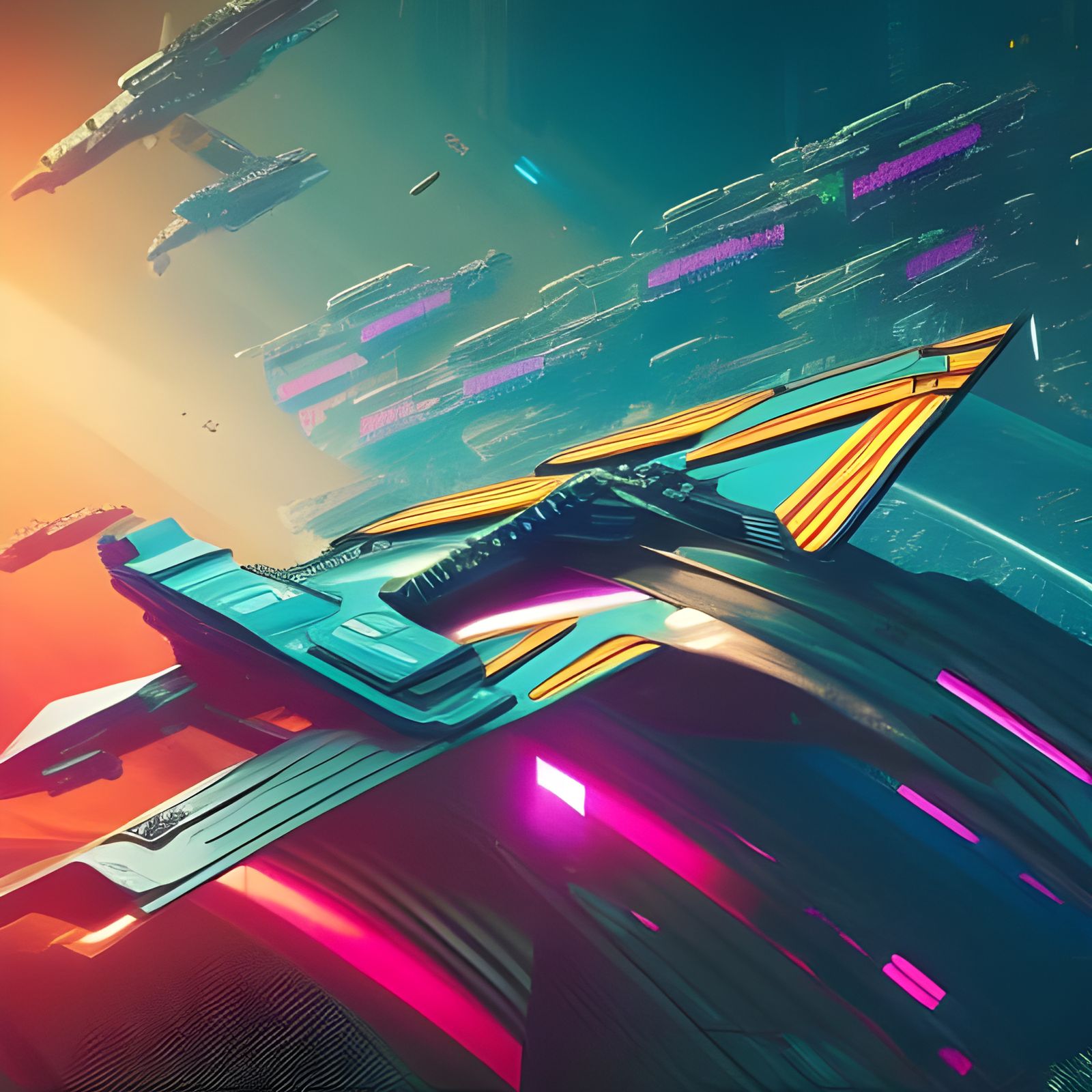 cyberpunk spaceship flying through a beautiful and vibrant g...