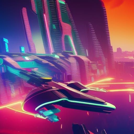 cyberpunk spaceship flying through a beautiful and vibrant g...