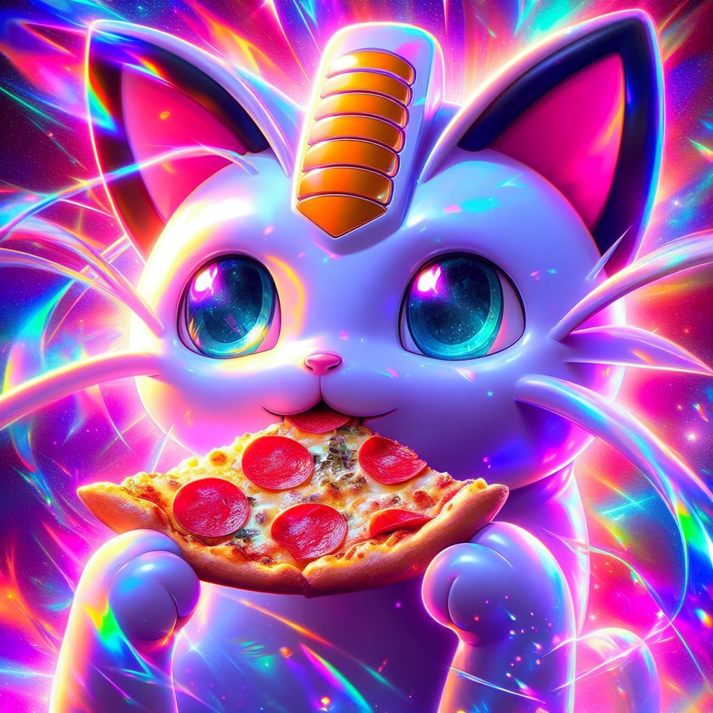 Meowth eating a Pizza