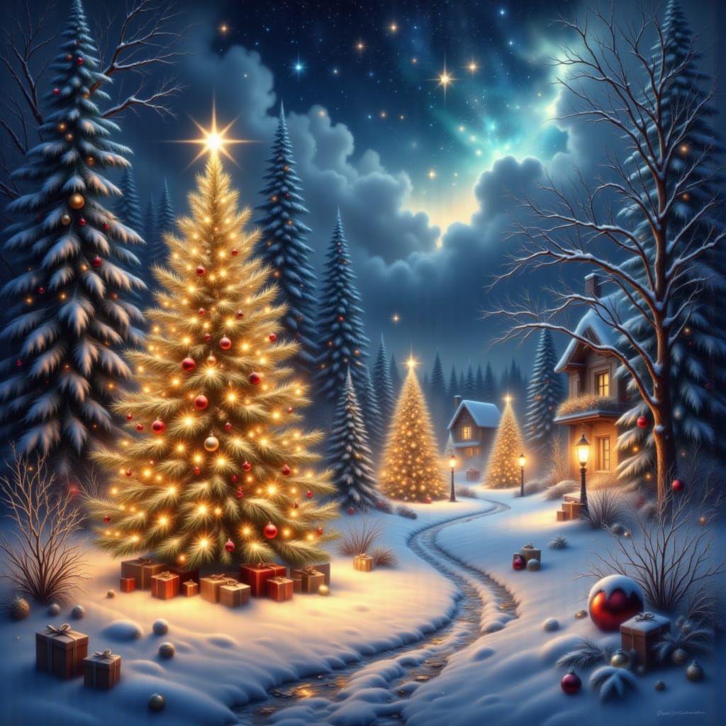 Magical Christmas Trees on Snowy Starlit Night