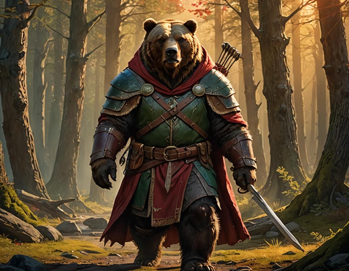 A Kodiak bear dressed in red and green soft leather armor and a woolen cloak of a medieval ranger   by @Cass