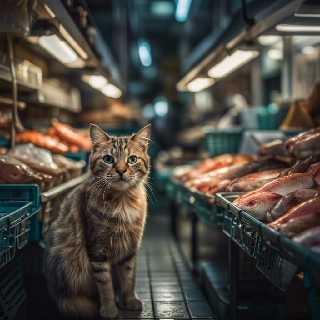 an adorable cat shopping at the fish market