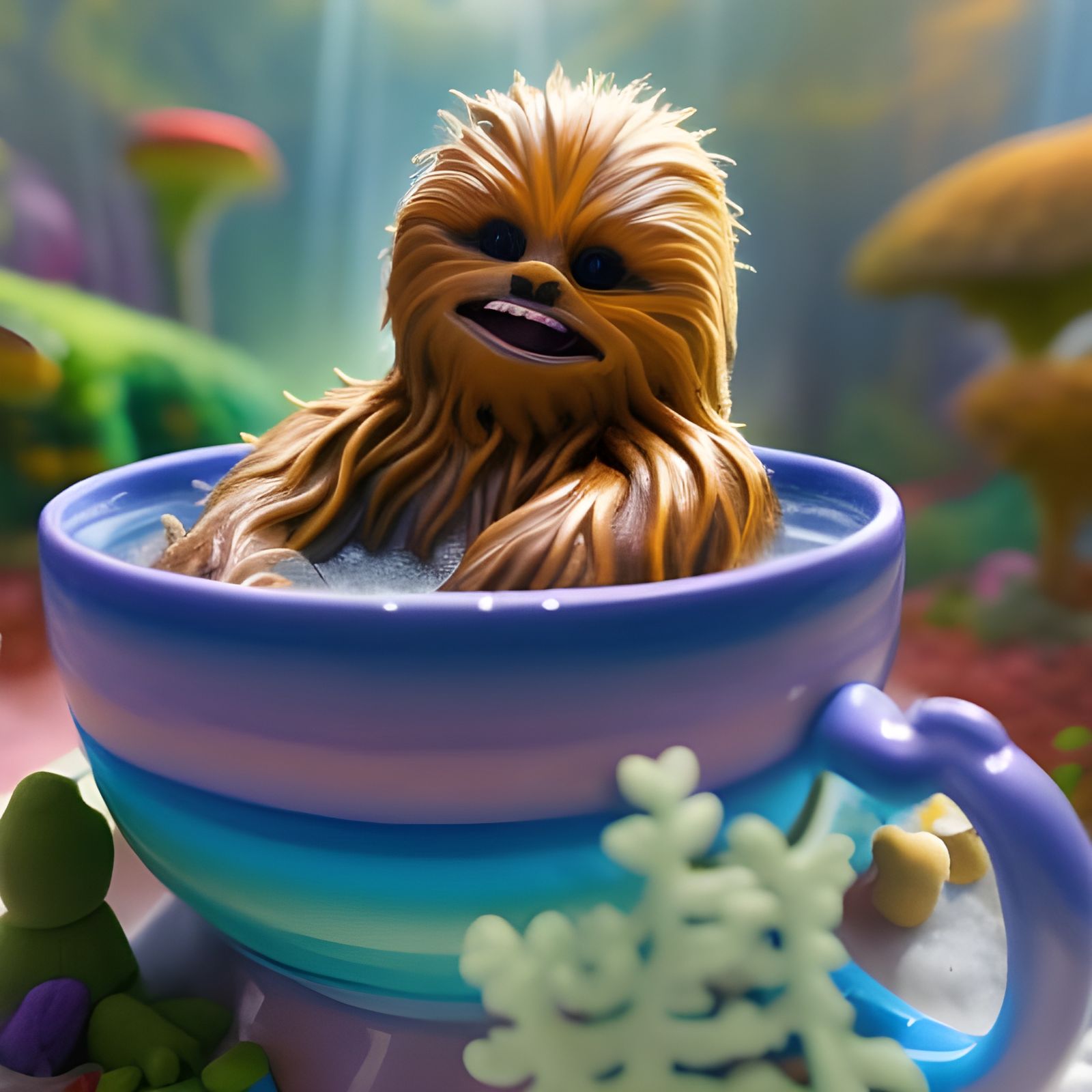 Overjoyed Baby Chewbacca Sitting In A Bubbling Hot Teacup Jacuzzi  by @Moderately Awesome