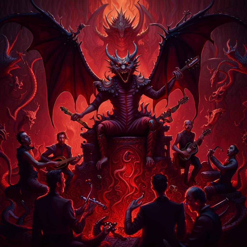 In hell a demonic orchestra musicians playing to Satan on his throne