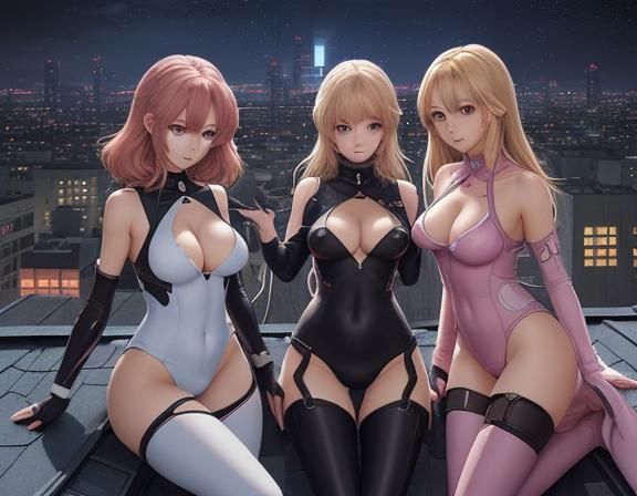 Three Beautiful ladies un body suit, on a roof un the night