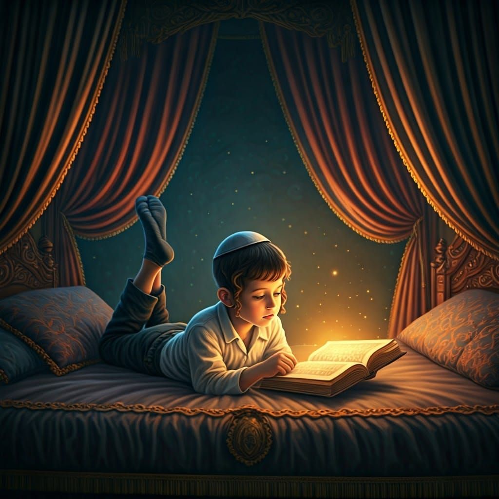 Young Chassidic Boy Reads in Lavish Study