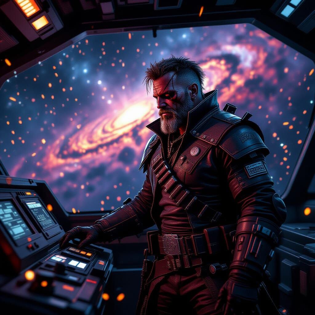 A lone, grizzled space pirate stands on the bridge of his derelict spaceship, gazing out at a nebula swirling with cosmic dust and vibrant c...