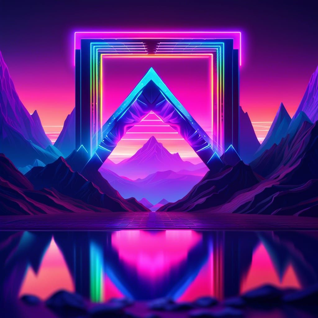 dim illuminated neon geometric portal next to a mountain ran...