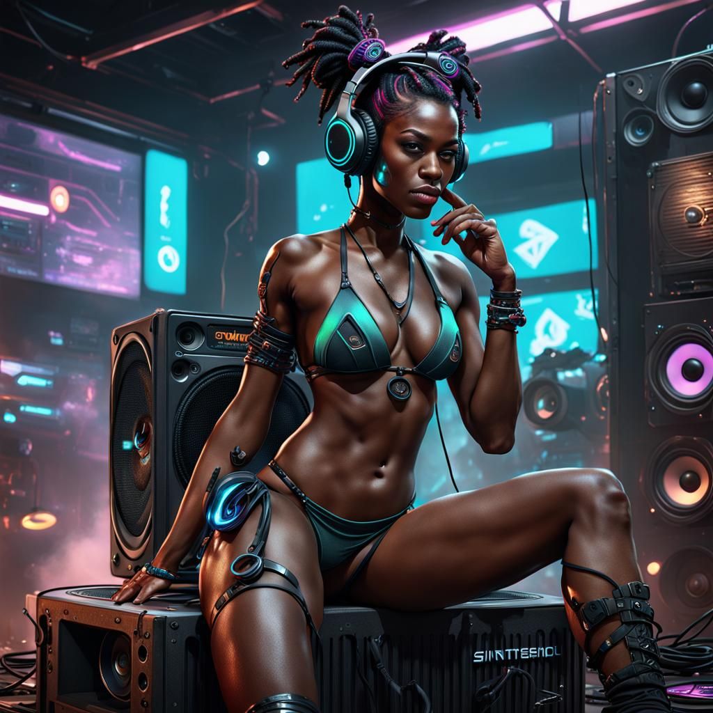 "Pretty black girl with
Cyberpunk 
headphone wearing a rag b...