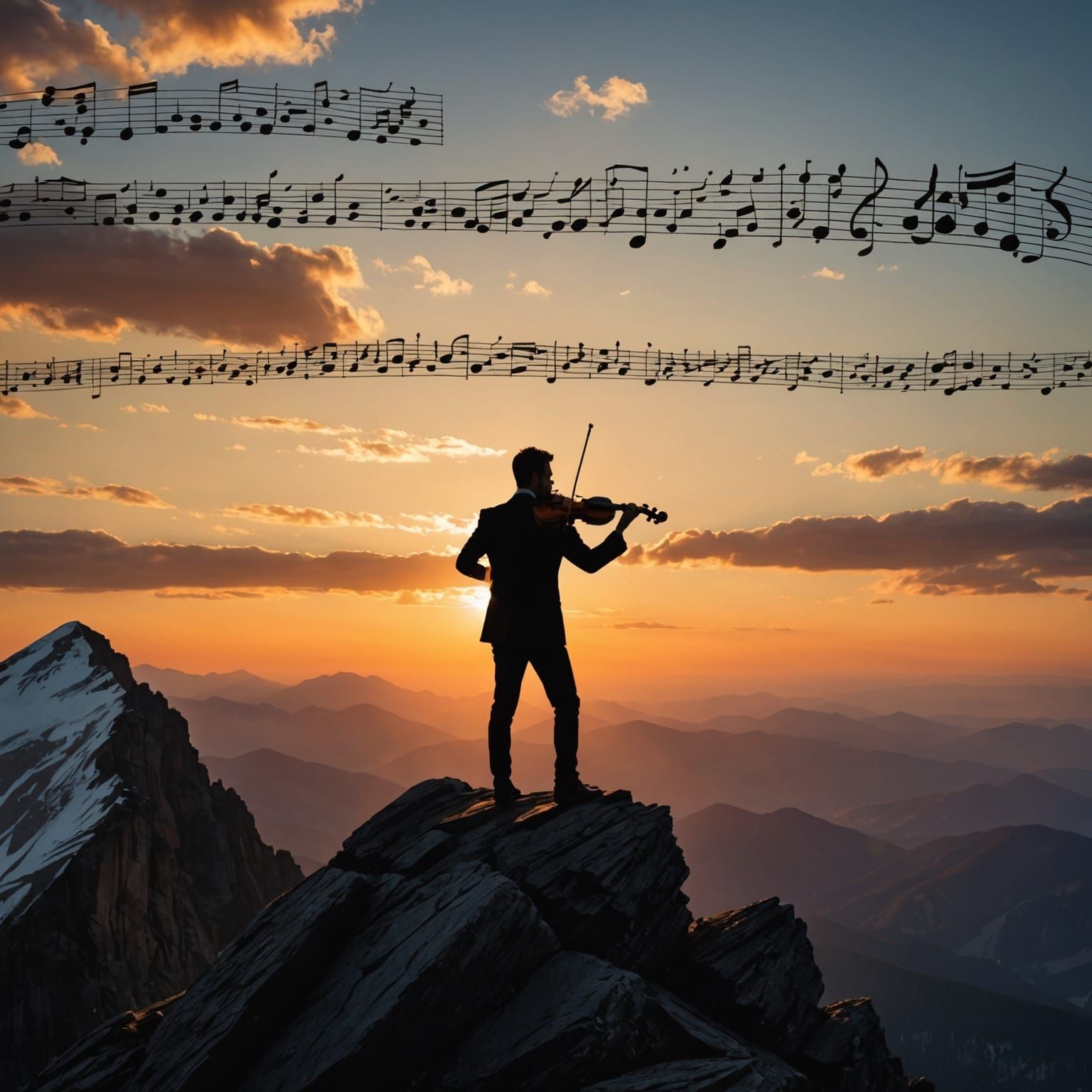 silhouette of violinist atop the crest of a mountain