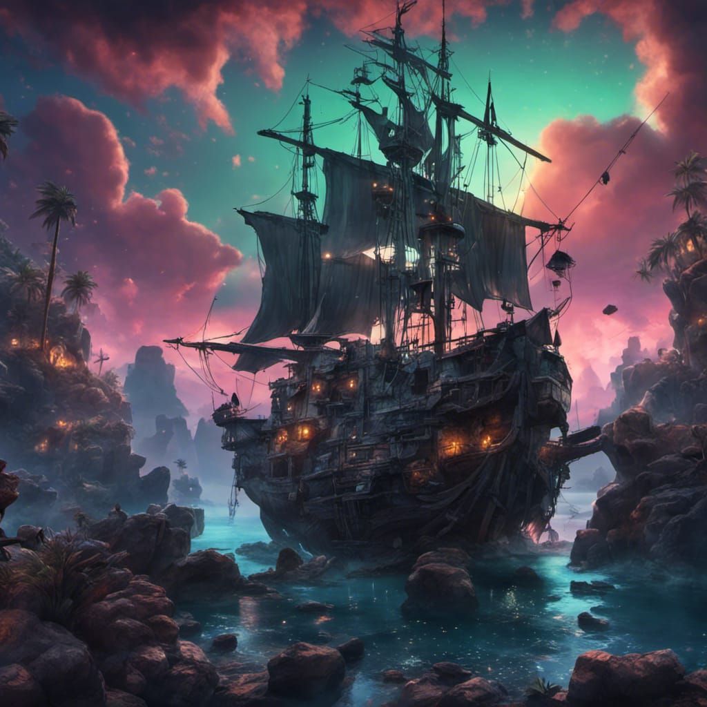 Moonlit Pirate Hideout with Treasure in Neon Noir Style