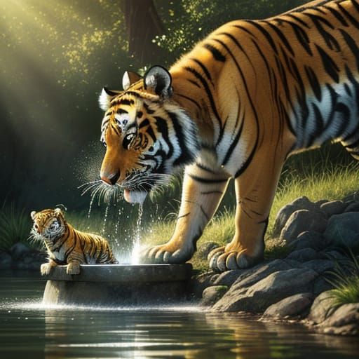 Tiger and Cub at Water Fountain: Wildlife Photography
