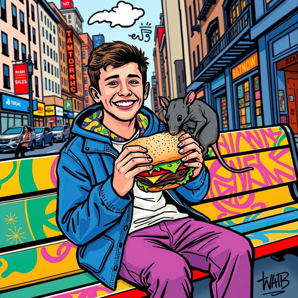 Young man and his pet rat share a sandwich together. In the style of Keith Haring