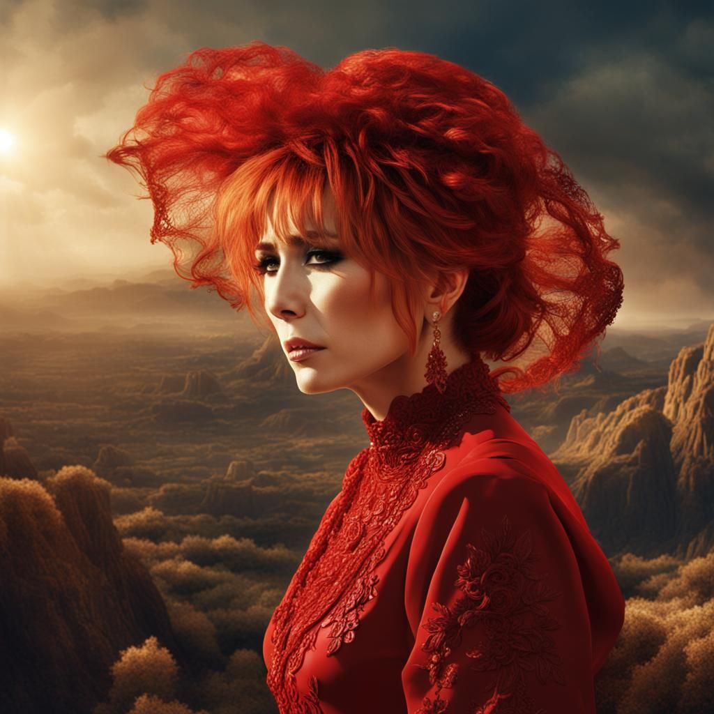 Mylene Farmer young with a tear on her face dressed in a red...