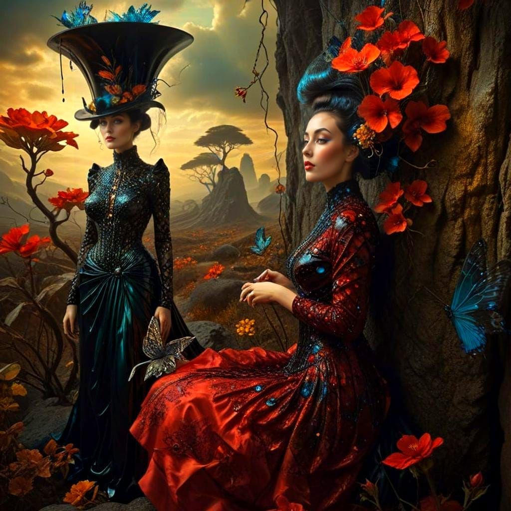Surreal Lady in Vibrant, High-Contrast Landscape