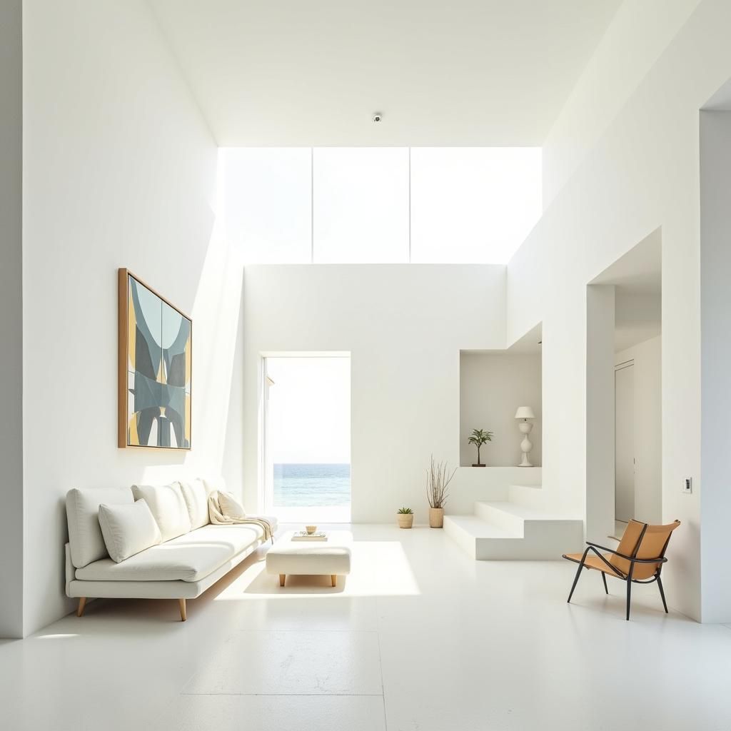 scene minimalist crisp mid century home with clean white min...
