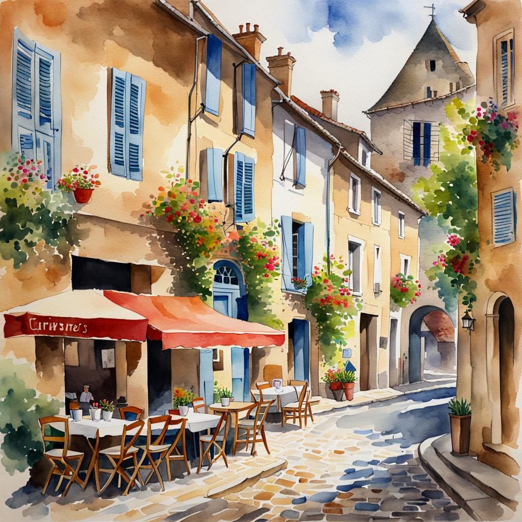 watercolour painting of a french village with cafes and cobbled streets ...