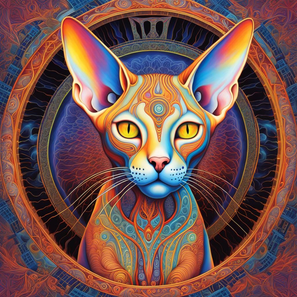 Sphynx cat, skeletal and muscular systems visible, Alex Grey-inspired x ...