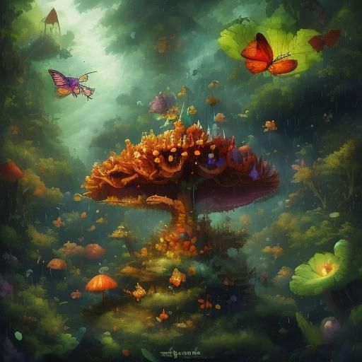 <lora:Spirit World:1.0> a butterfly praying mantis on a fly ...