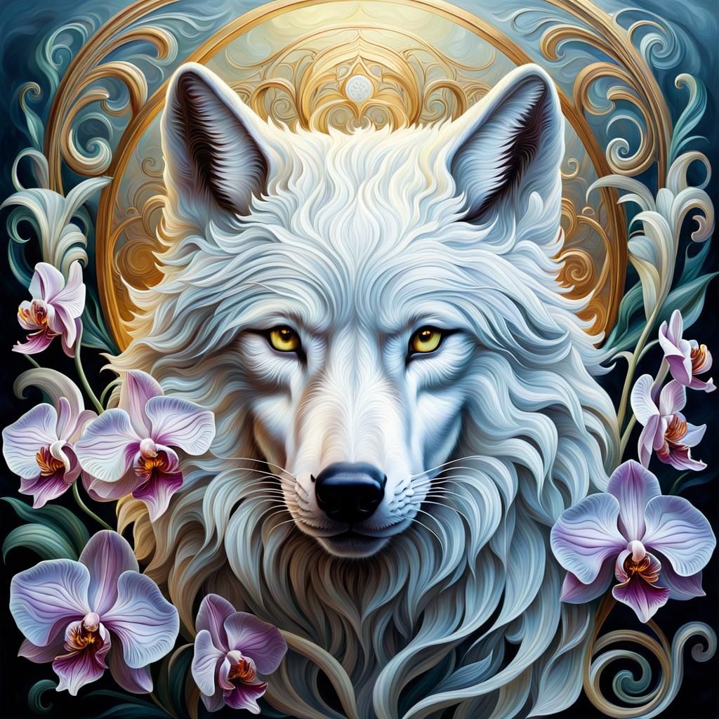 White Wolf and Orchids  by @Artist Cat