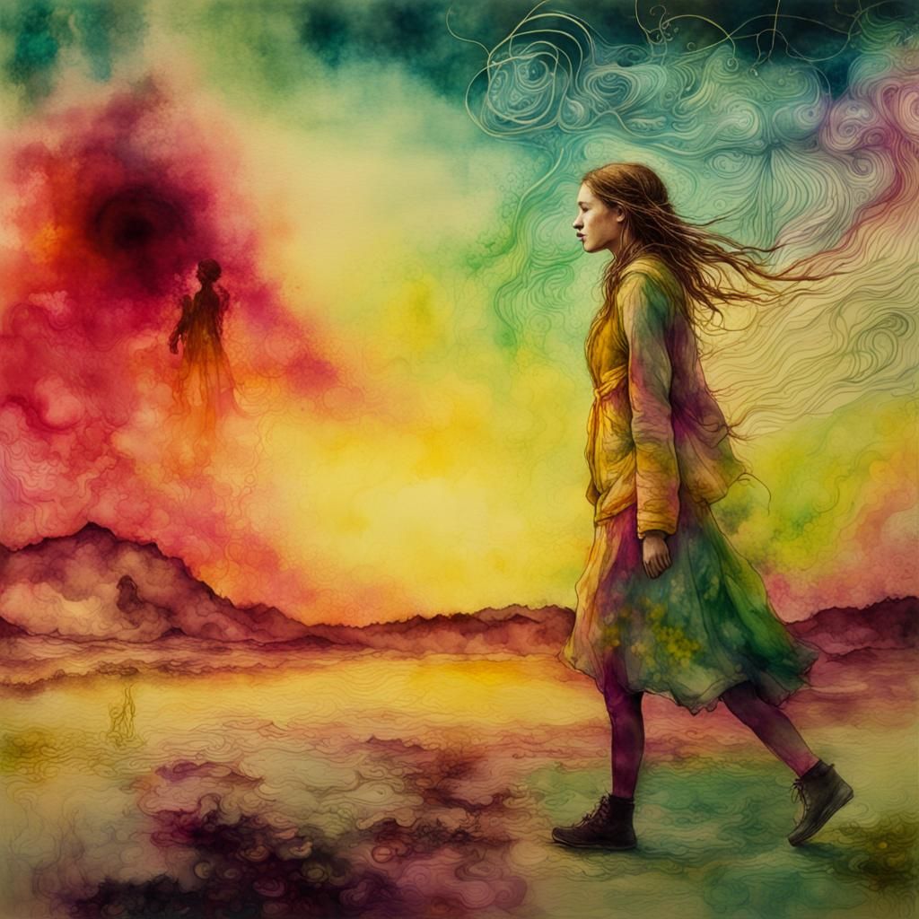 Quantic physics,  Long wide shot of a woman walking in the silly universe, liquid ink watercolor, wet plate, vignette, a...