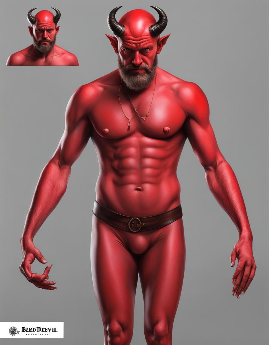 Red devil, photorealistic, whole body, money on hands, beard...