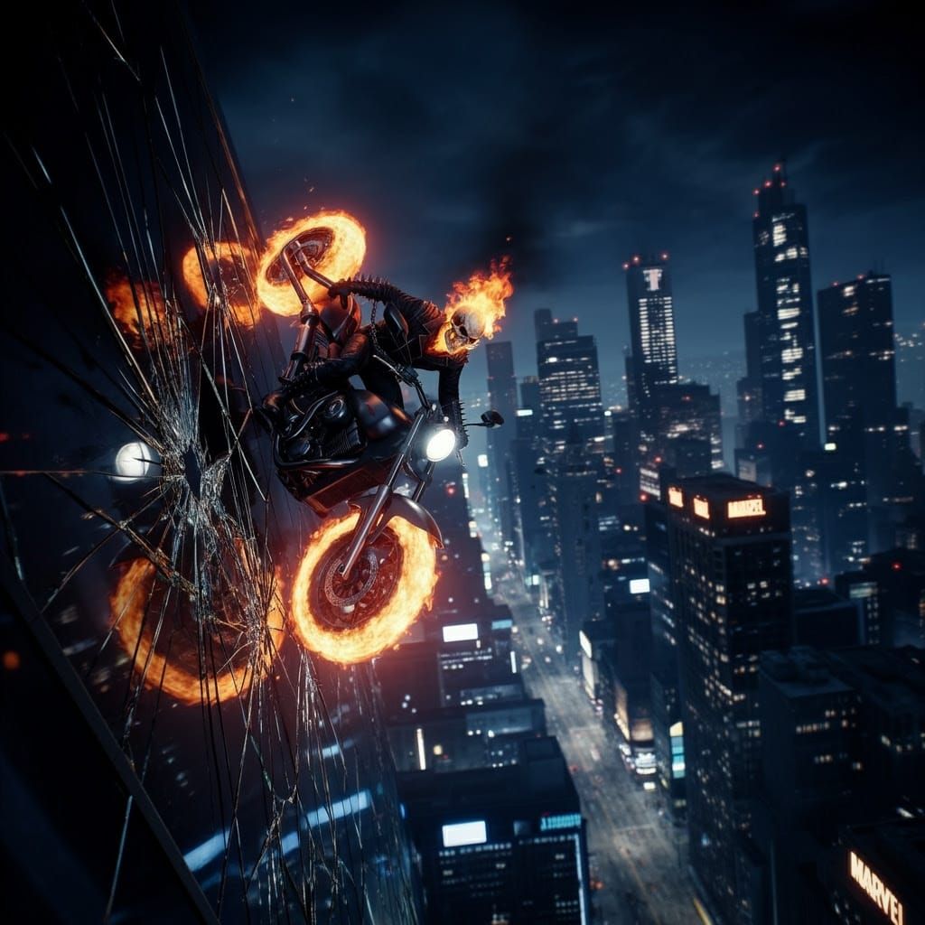 Ghost Rider riding on a skyscraper