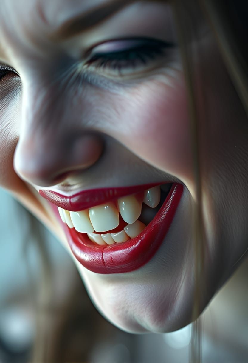 A beautiful woman vampire laughs merrily and contagiously, showing off her magnificent teeth.
