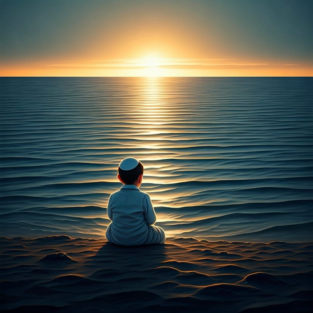 Haredi Child Waits for Sunrise on Dark Beach