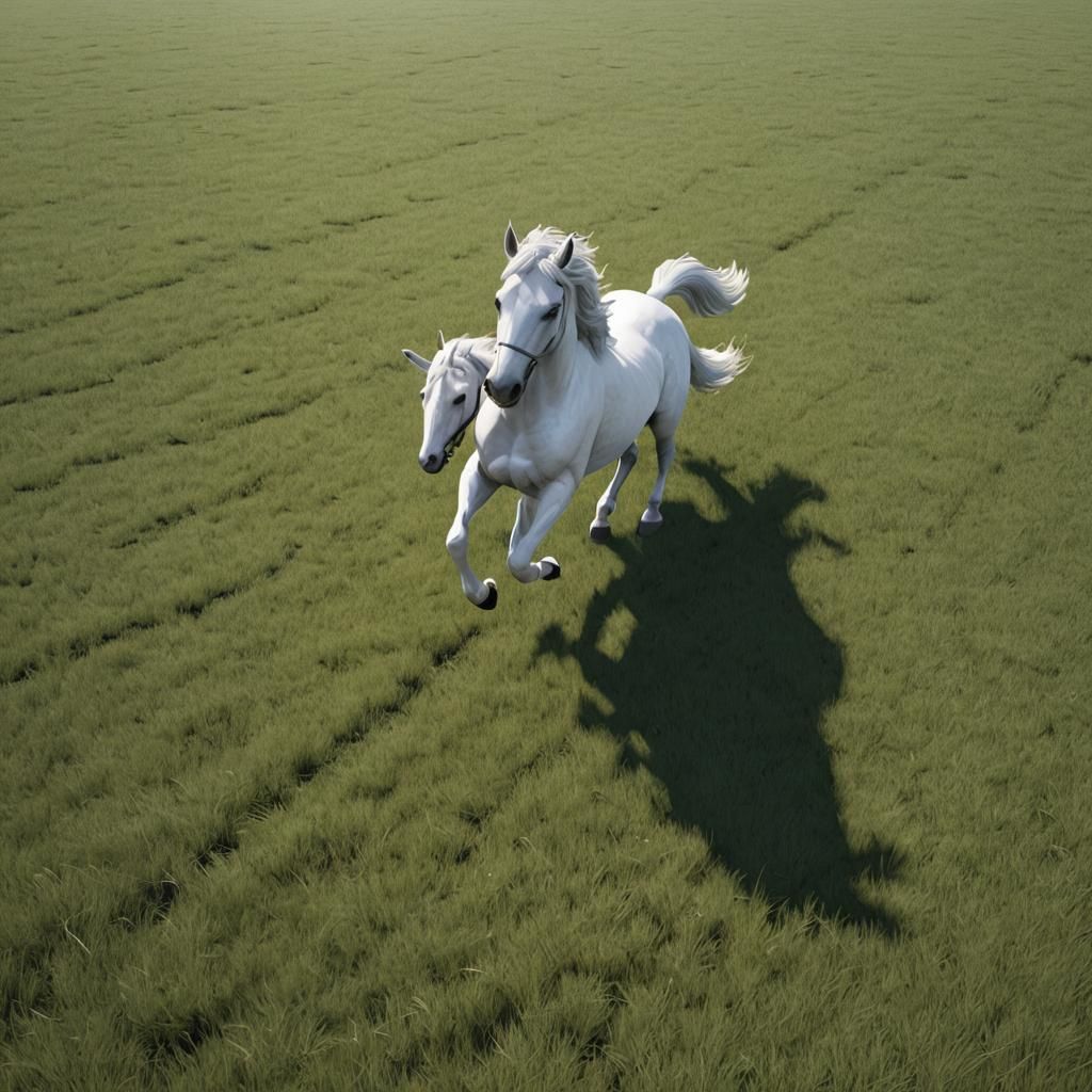 A white horse is galloping across grassy expanses