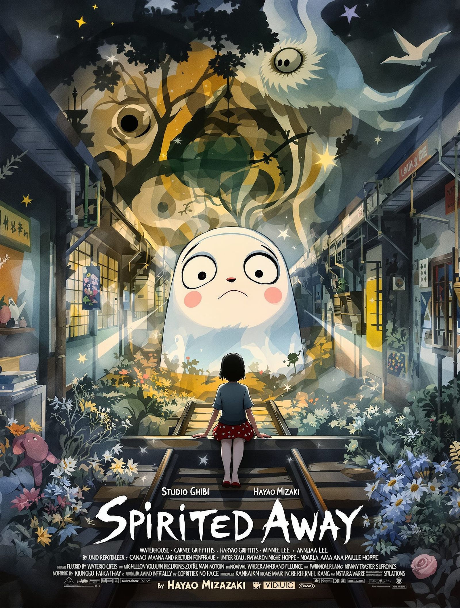 Movie poster featiring the writing Studio Ghibi, Spirited Away, featuring Chihiro sitting on the train ...  by @AutumnBear