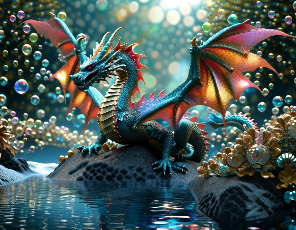Magnificently rendered digital Photo-illustration :: (The River_Dragon!!!:1.4) Magical_Fantasy_Wonderland_Bubblescape, multi-dimensional, br...